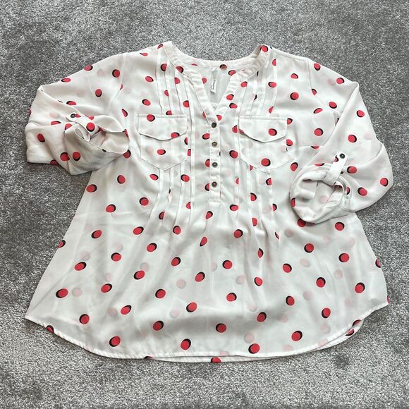 NY Collection Blouse Shirt womens 1X White Red Polka Dot Roll Tab Sleeve Light - Picture 1 of 11